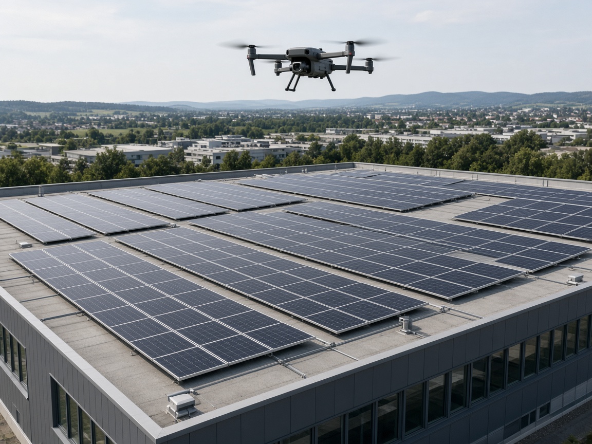 Drohne bei der Inspektion einer Photovoltaikanlage